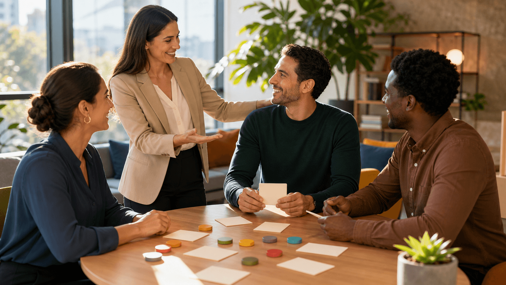 Warmly lit office scene with a recruiter and candidate smiling across a desk, framed by soft blue and beige tones