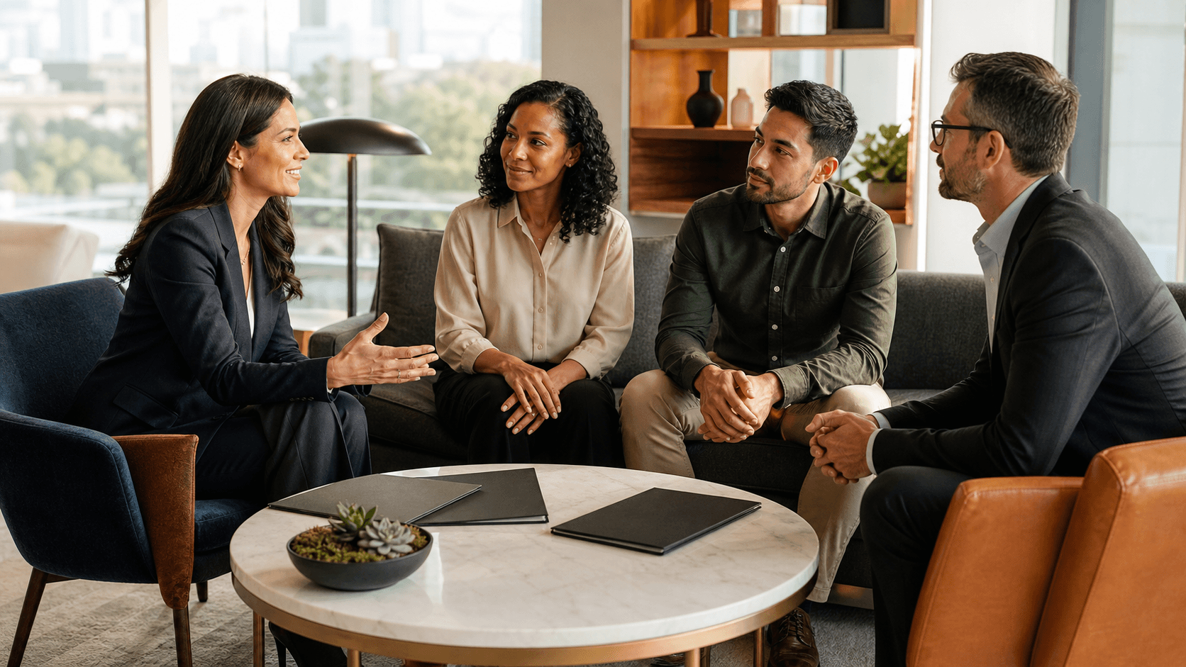 Diverse professionals connect puzzle pieces around a glowing blue hiring network on a clean white background.