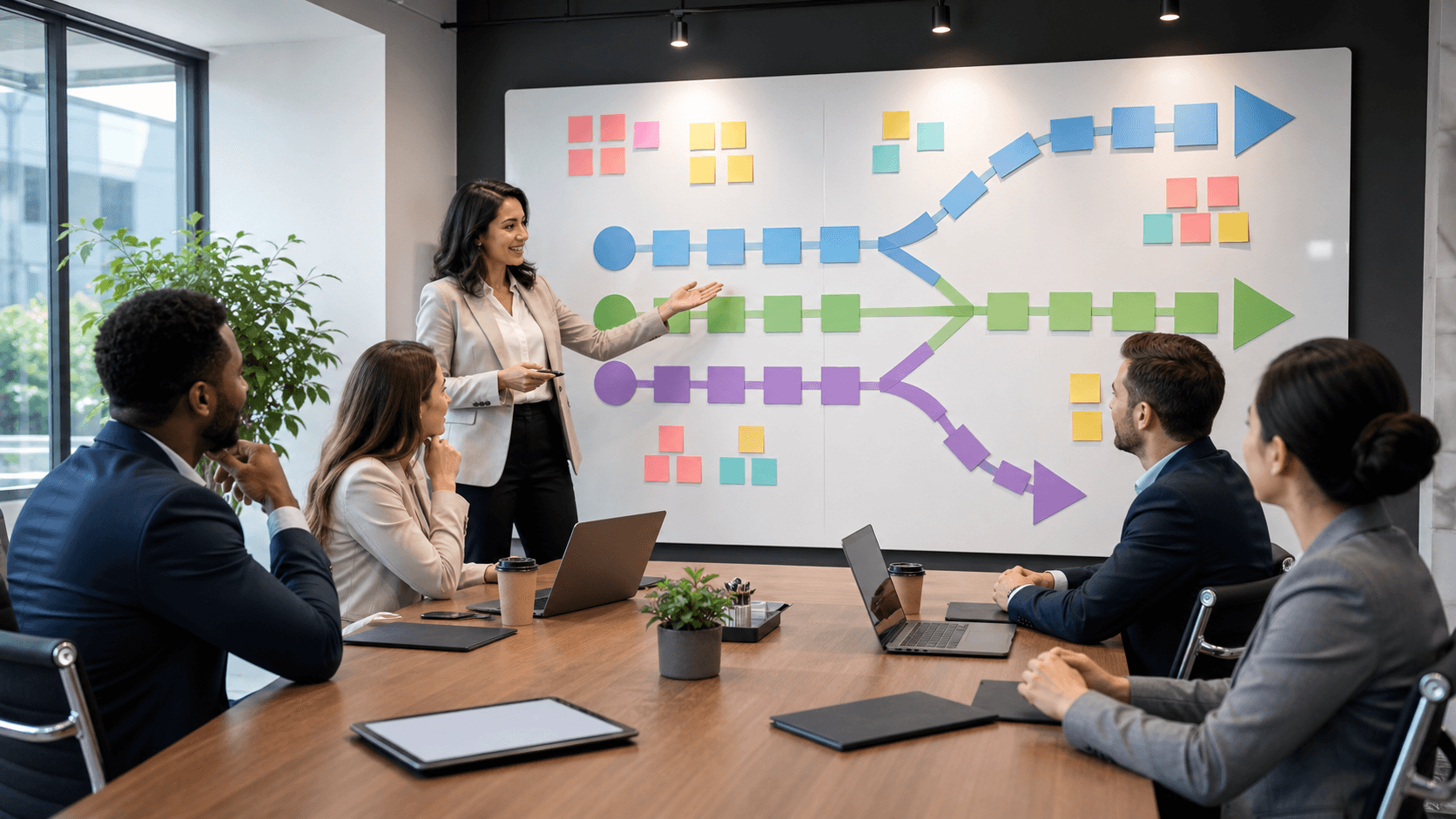 Abstract org chart diagram with three colored branching paths on a clean white background, minimal flat design.