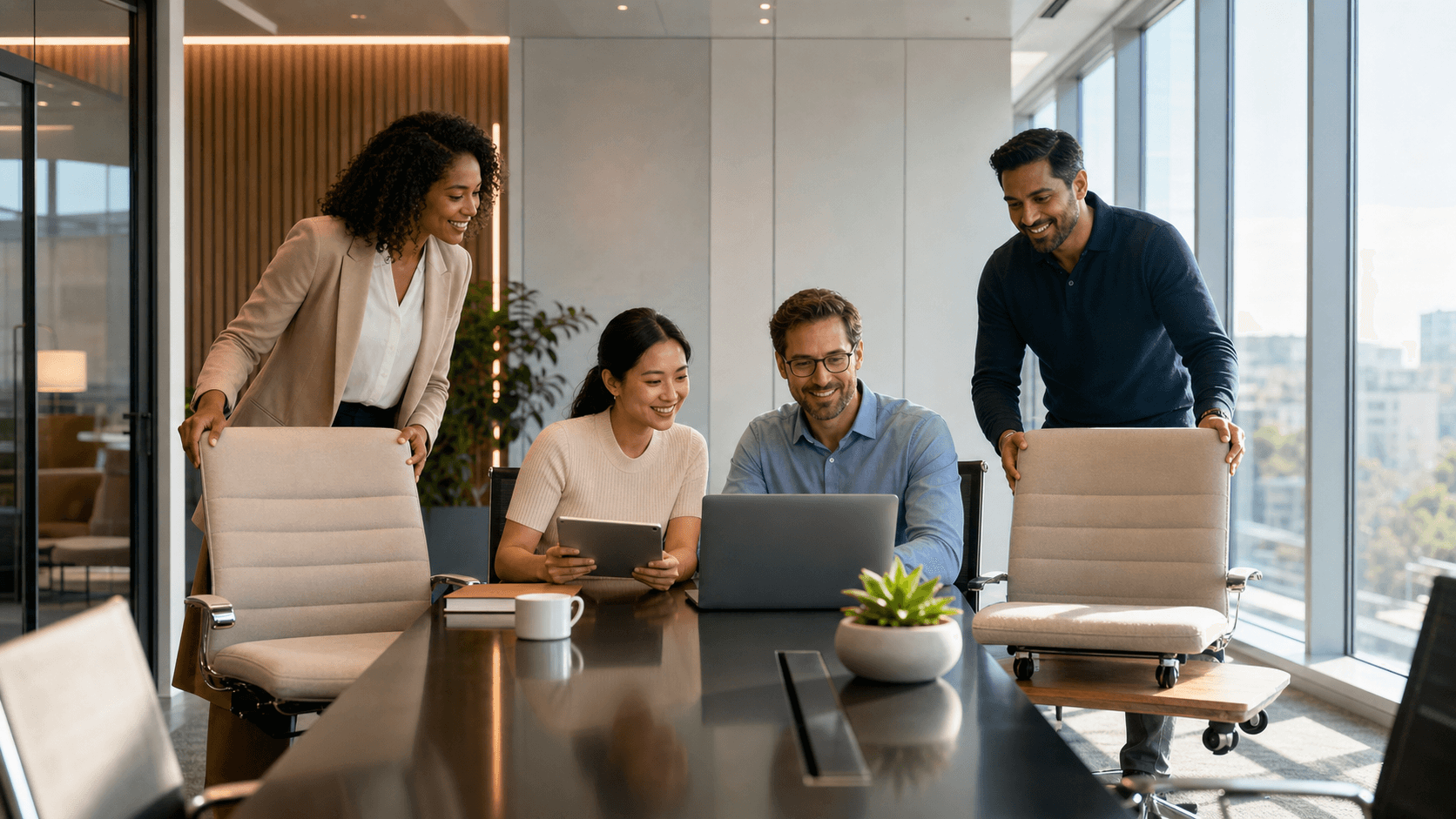 Split-screen office scene with two groups of professionals, one smaller, under warm lighting and a neutral background