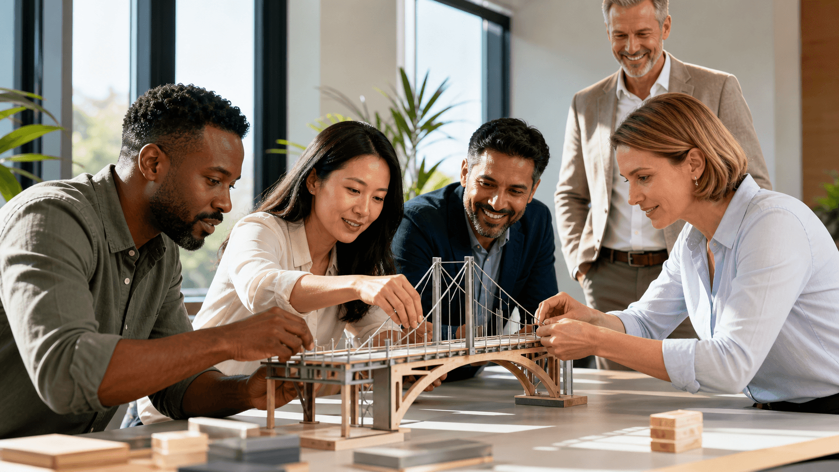 Diverse executives collaborate around a sunlit table, with warm tones and abstract people-centered graphics.