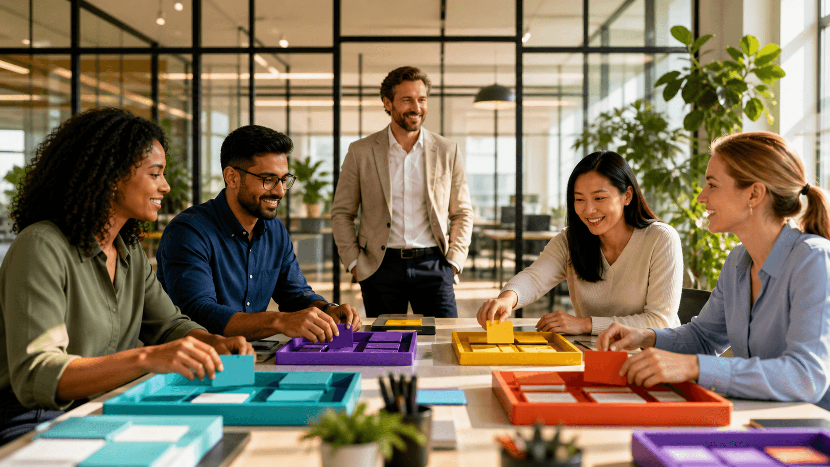 Founder at a desk facing a glowing workflow board, with team members connected by colorful decision lines.