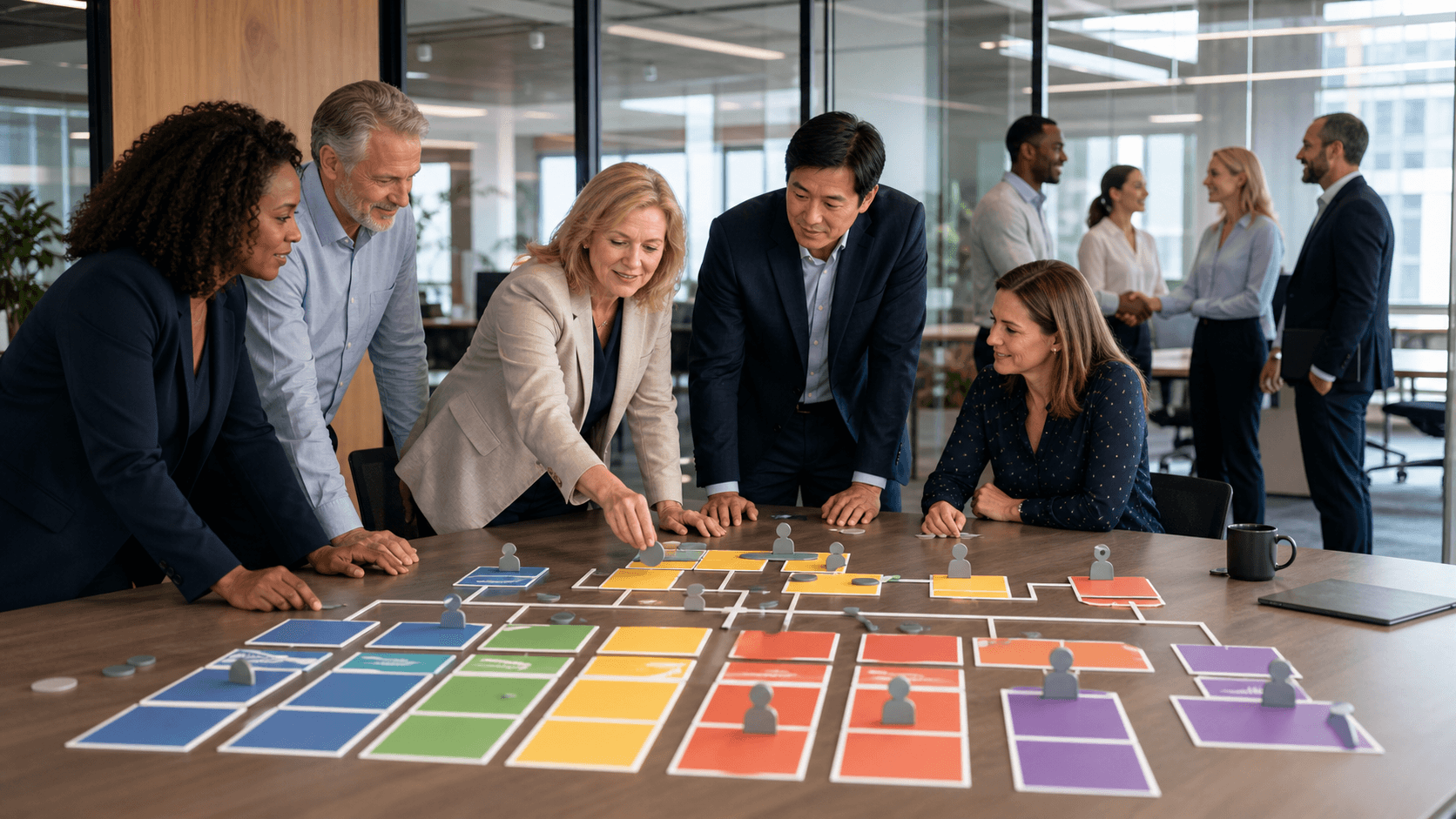 Modern office scene with diverse executives around a conference table, soft daylight, charts glowing on a wall screen