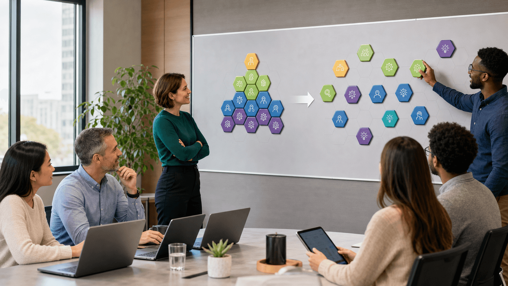 Blue-toned illustration of a team org chart transforming into a grid-like skills matrix with connecting lines on a white background.