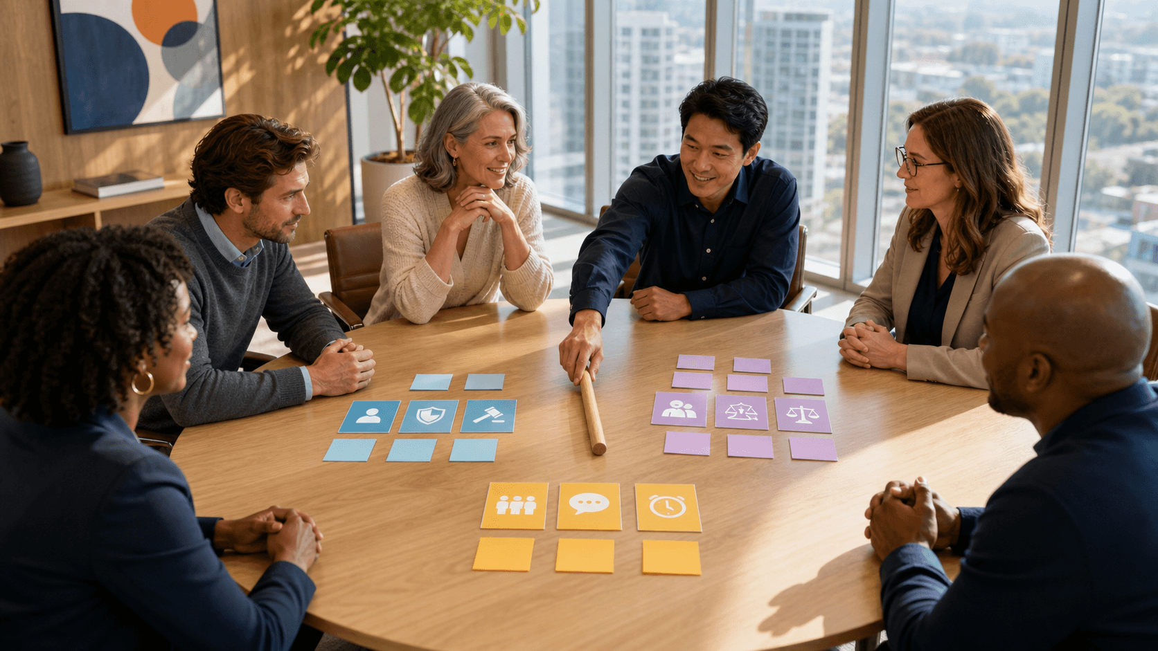 Diverse executives in a bright glass conference room, charts on screens, warm sunlight, collaborative discussion around a table.