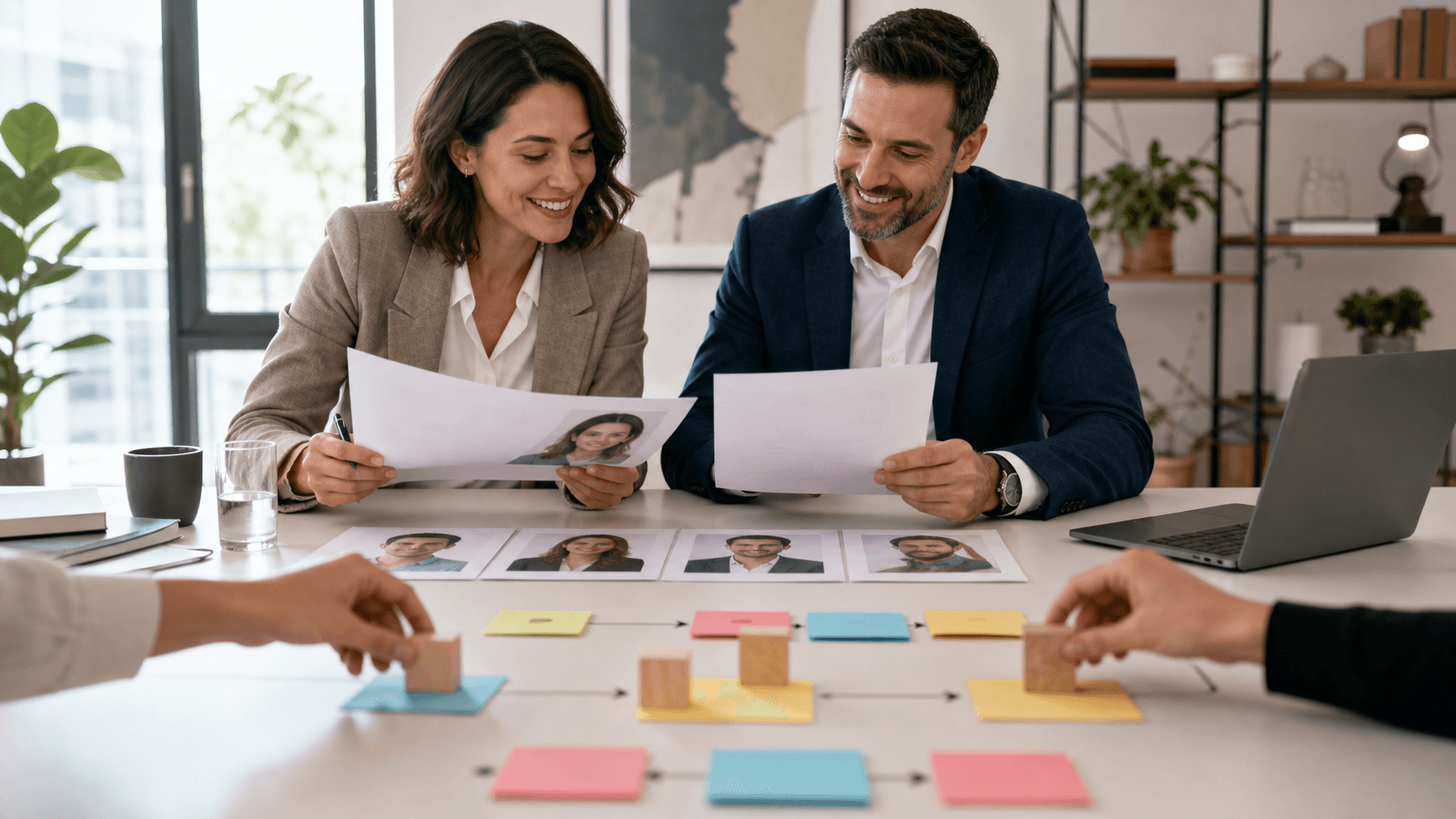 Handshake over a desk with resumes and a laptop, warm natural light and soft blue-gray office background