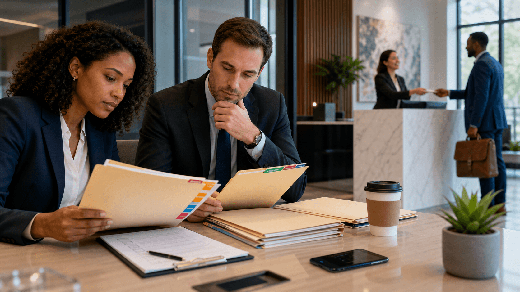 Magnifying glass over a hiring checklist on a desk, with subtle red warning icons and soft gray office lighting.