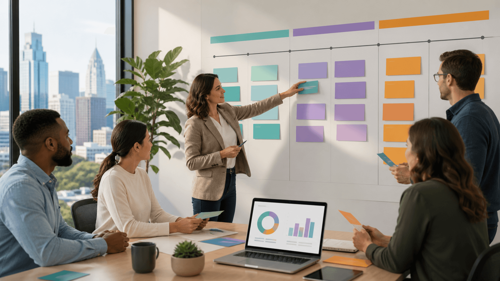 Modern office desk with a 90-day calendar, colorful sticky notes, and a small team meeting in soft daylight.
