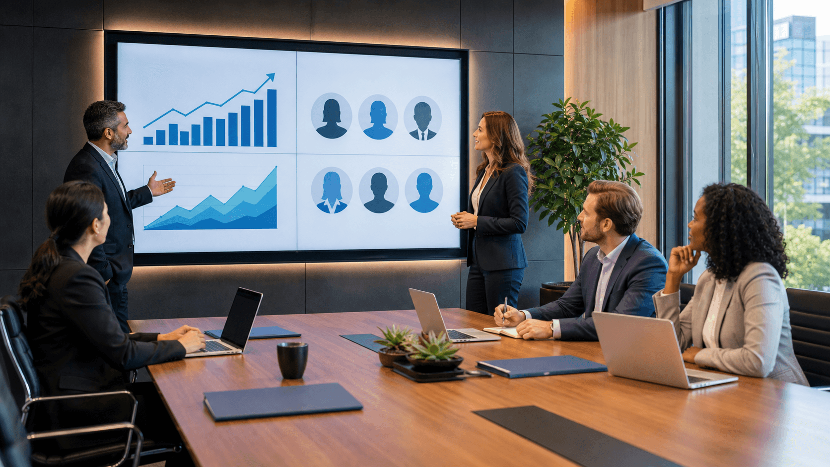 Blue-toned office scene with a recruiter reviewing candidate profiles beside rising financial charts.