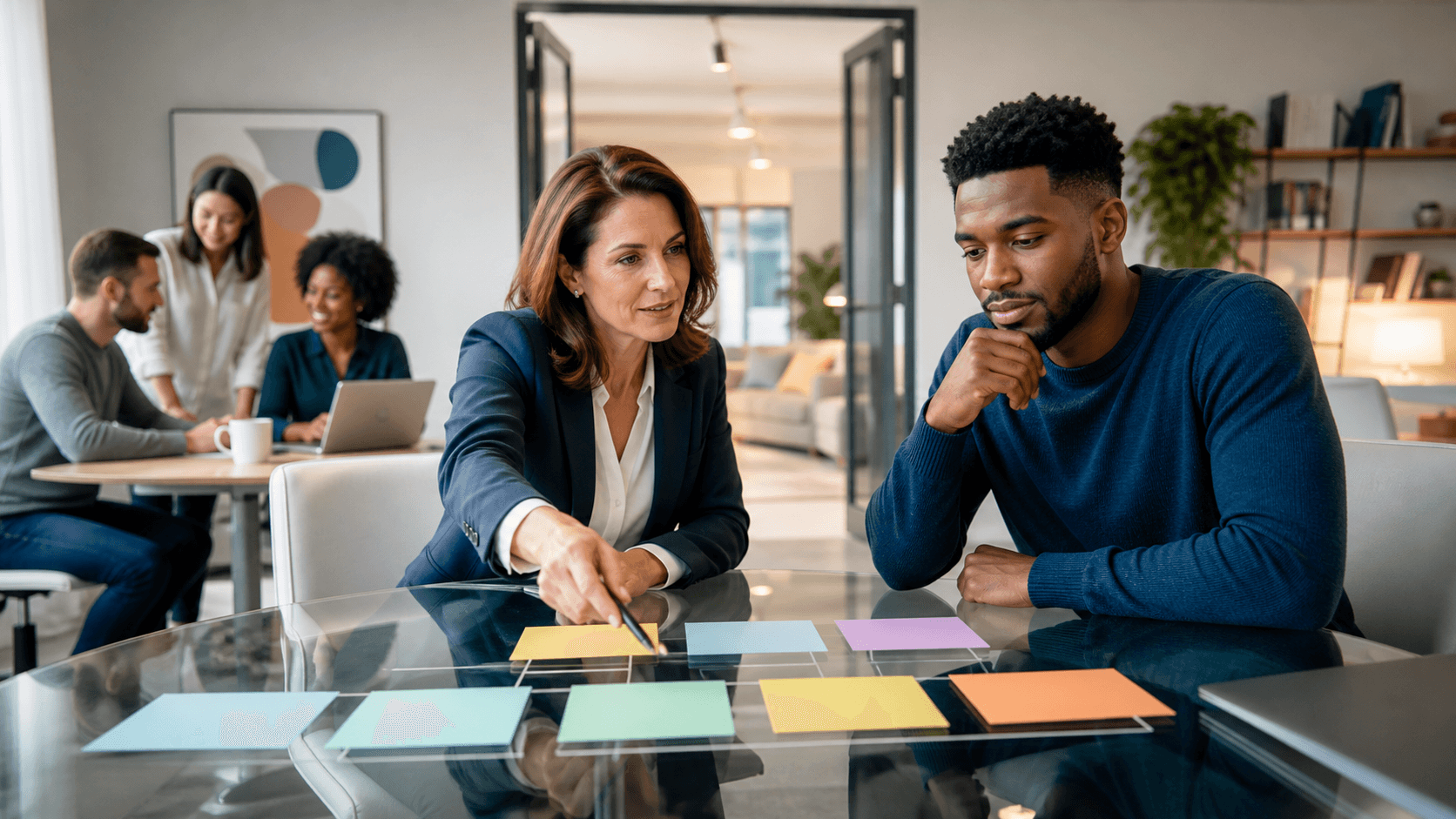 Business professionals in a sunlit office review staffing charts beside a glowing upward arrow.