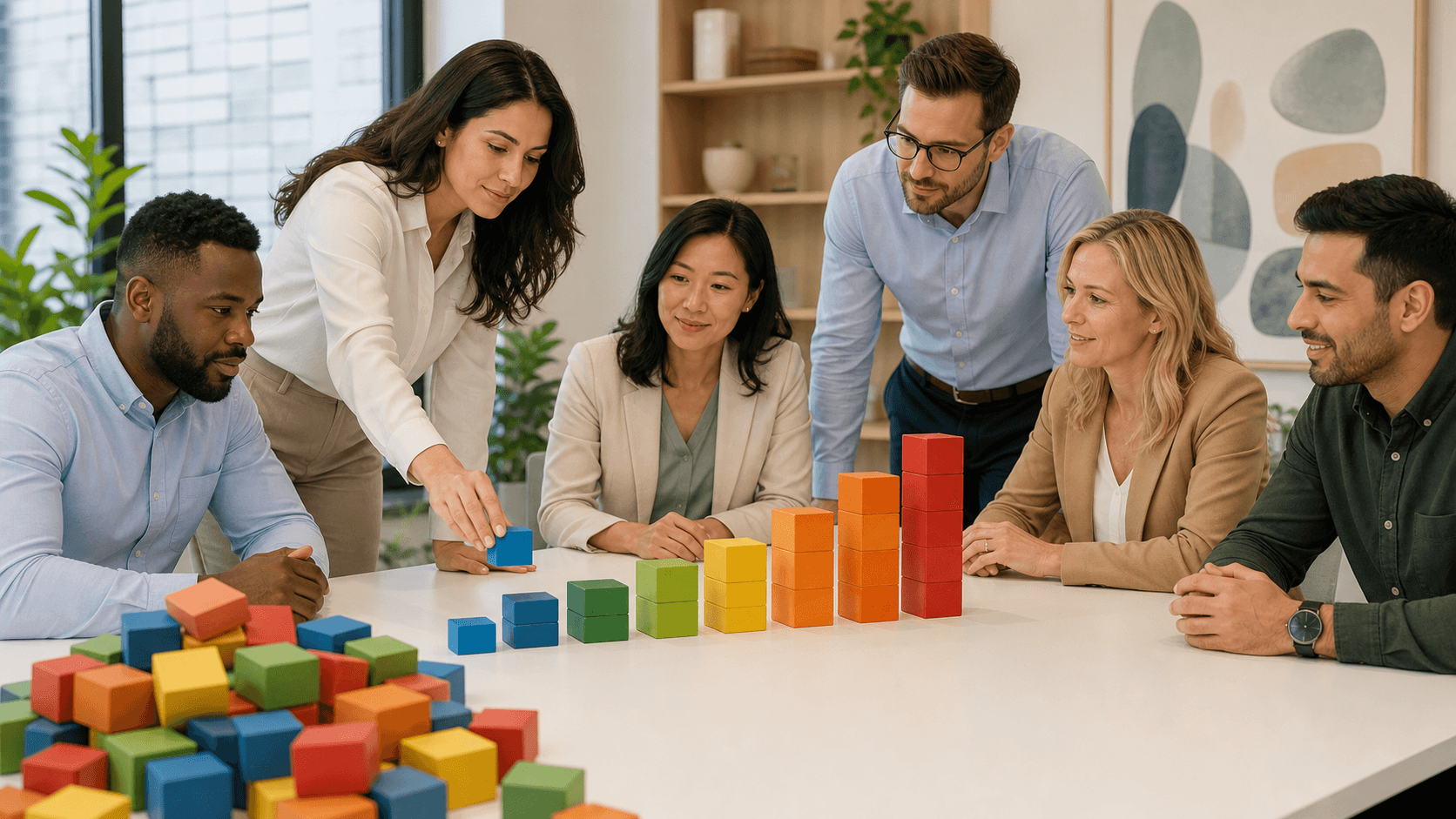 Planner with quarterly charts and hiring icons beside a glowing orange forecast graph on a dark blue background