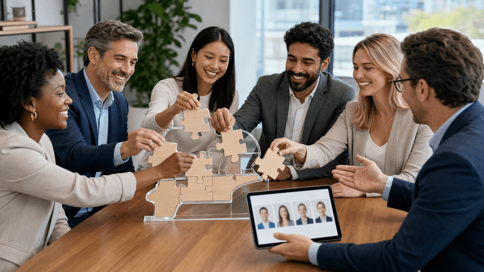 Diverse professionals in a modern office, warm light, shaking hands over a desk with colorful culture icons floating above.