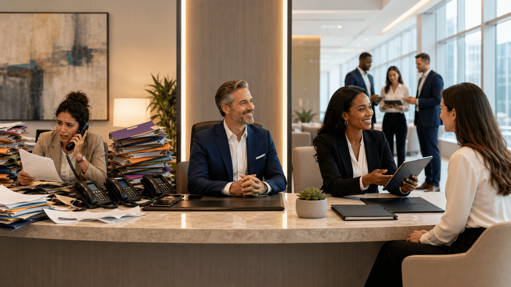 Split-screen illustration of an office with a crowded agency desk on left and a tailored concierge on right, blue tones.