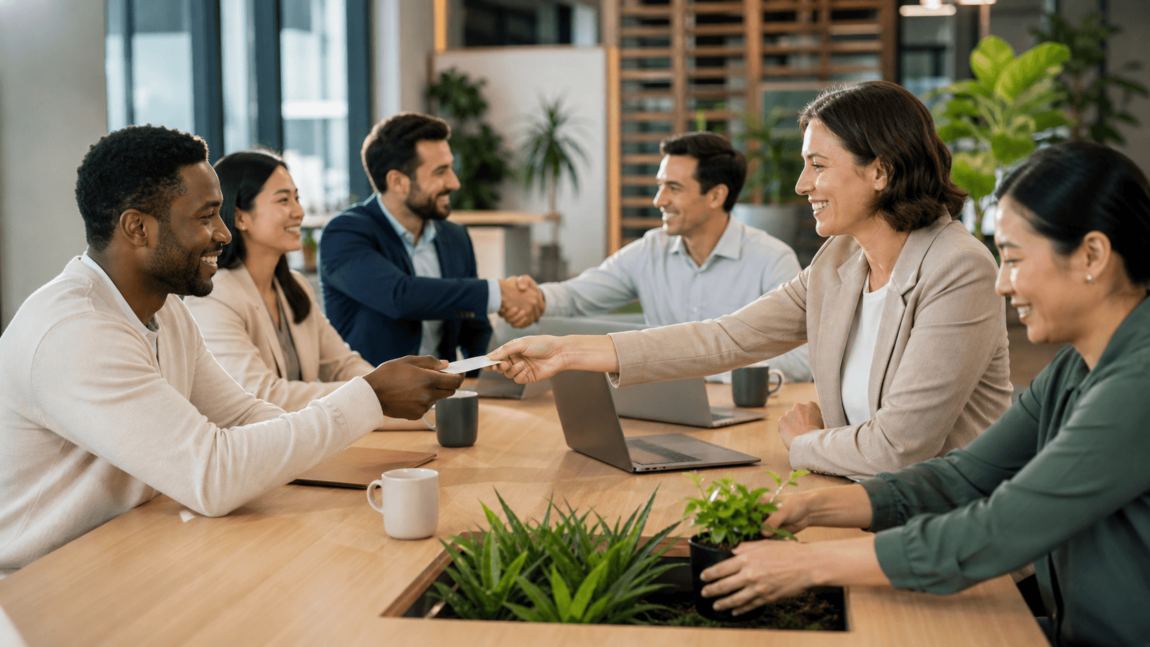 Team of diverse professionals around a laptop, warm office lighting, green accents and charts in the background