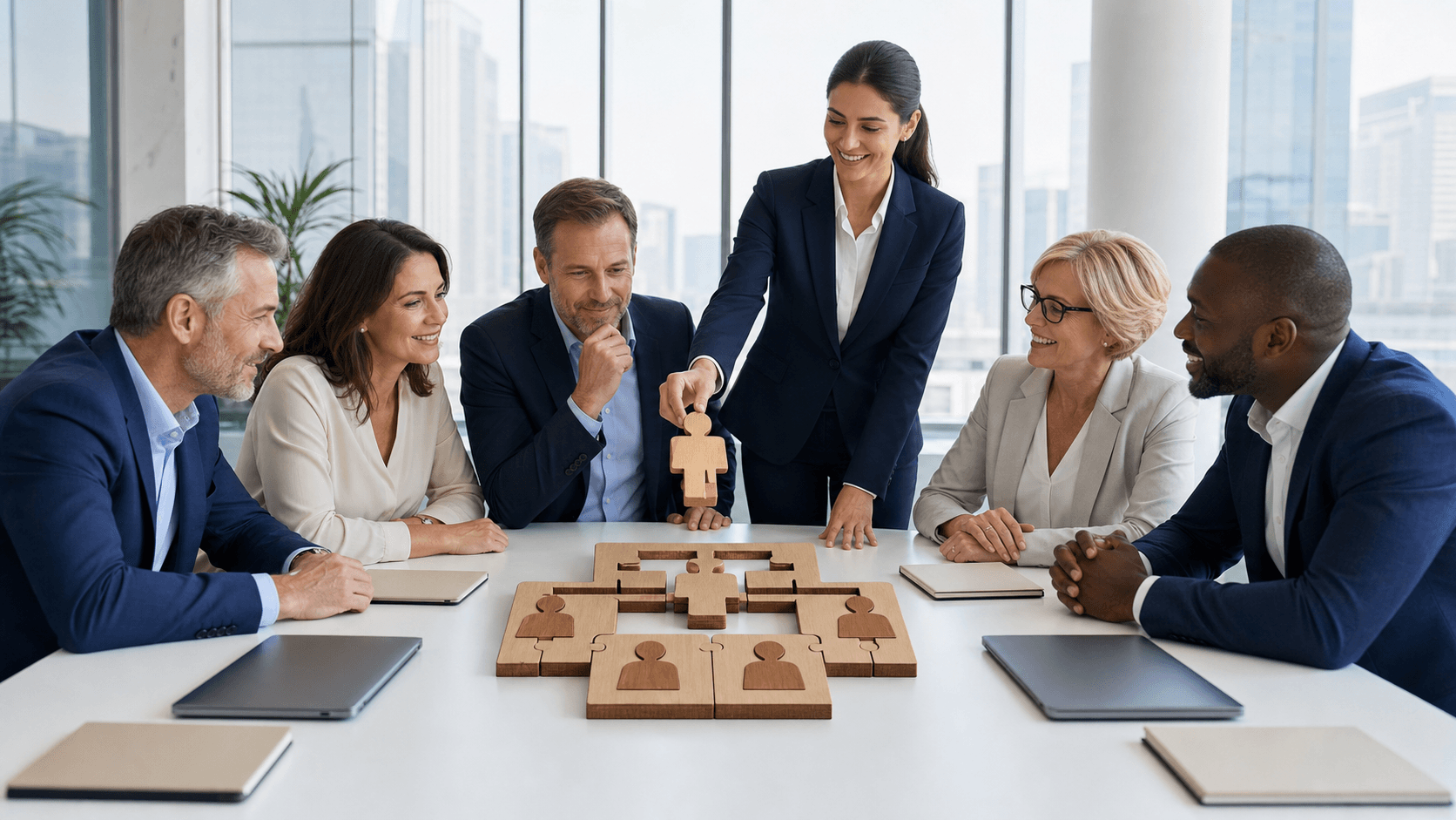 Silhouetted business leaders around a conference table, cool blue lighting with fragmented puzzle pieces in the background