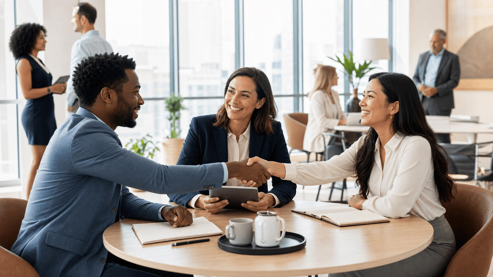 Diverse professionals shaking hands in a bright office, with warm lighting and a subtle city skyline backdrop.